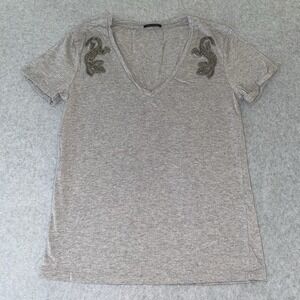 IKKS Women's Small Gray V-Neck T-Shirt Beaded Lizard Shoulder Embellished France